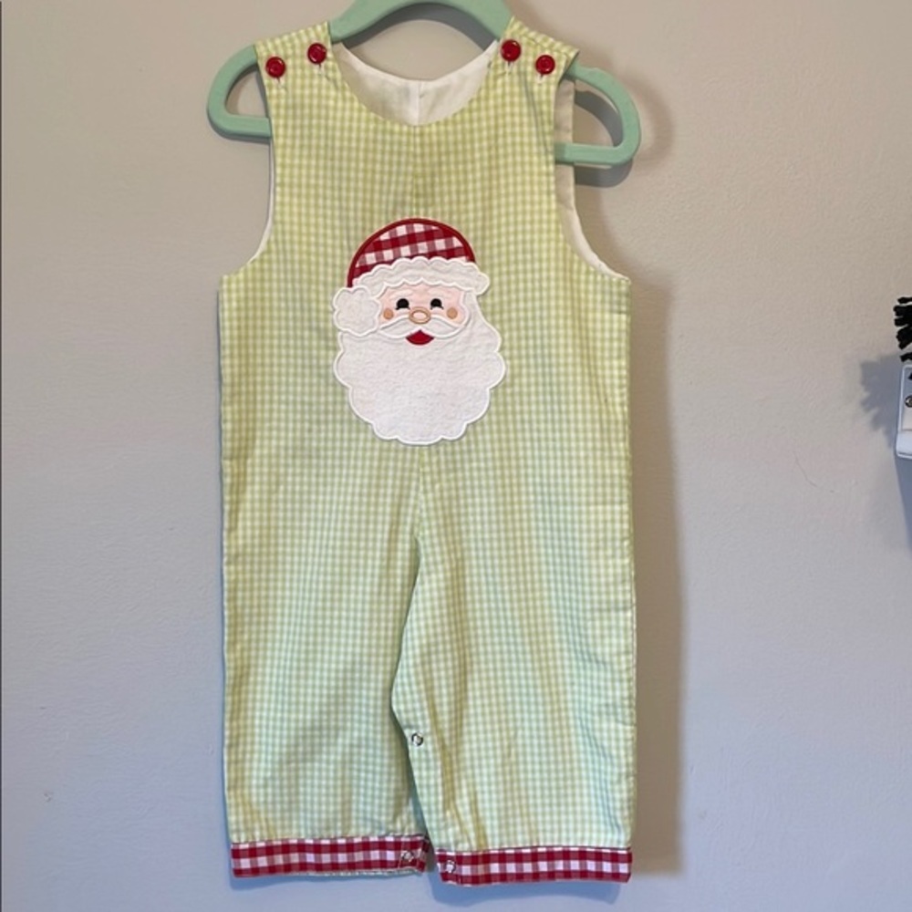 Be Mine Santa Claus Kids One Piece Overalls Romper Sz 12 Months Green Gingham